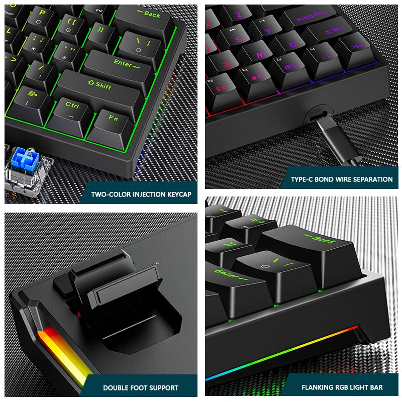 61-Key 60% Mechanical Gaming Keyboard Hotswap USB-C Wired RGB PBT Keycaps Compact Ergonomic