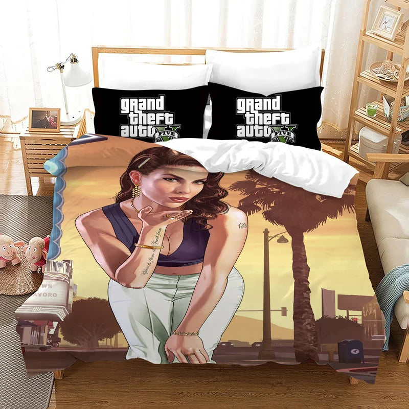 GTA V Cartoon 3-Piece Bedding Set — Printed Duvet Cover & 2 Pillowcases, Twin to King (68×86–104×90 in / 172×218–264×228 cm)