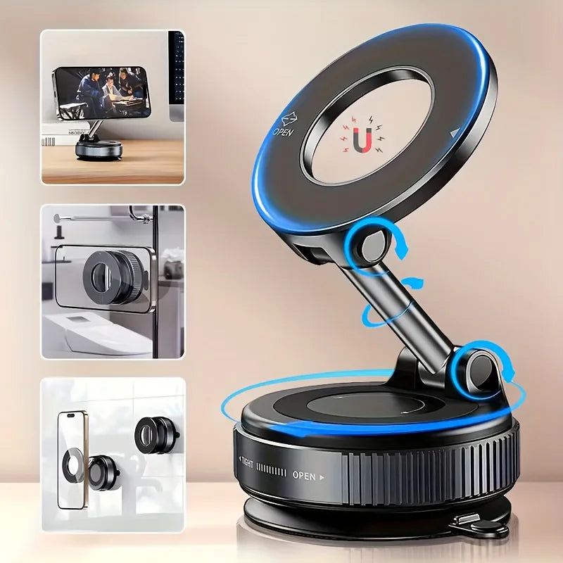 Magnetic Phone Holder with Strong Vacuum Suction — 360° Foldable Mount for Car, Desk & Bathroom — Universal for iPhone & Android