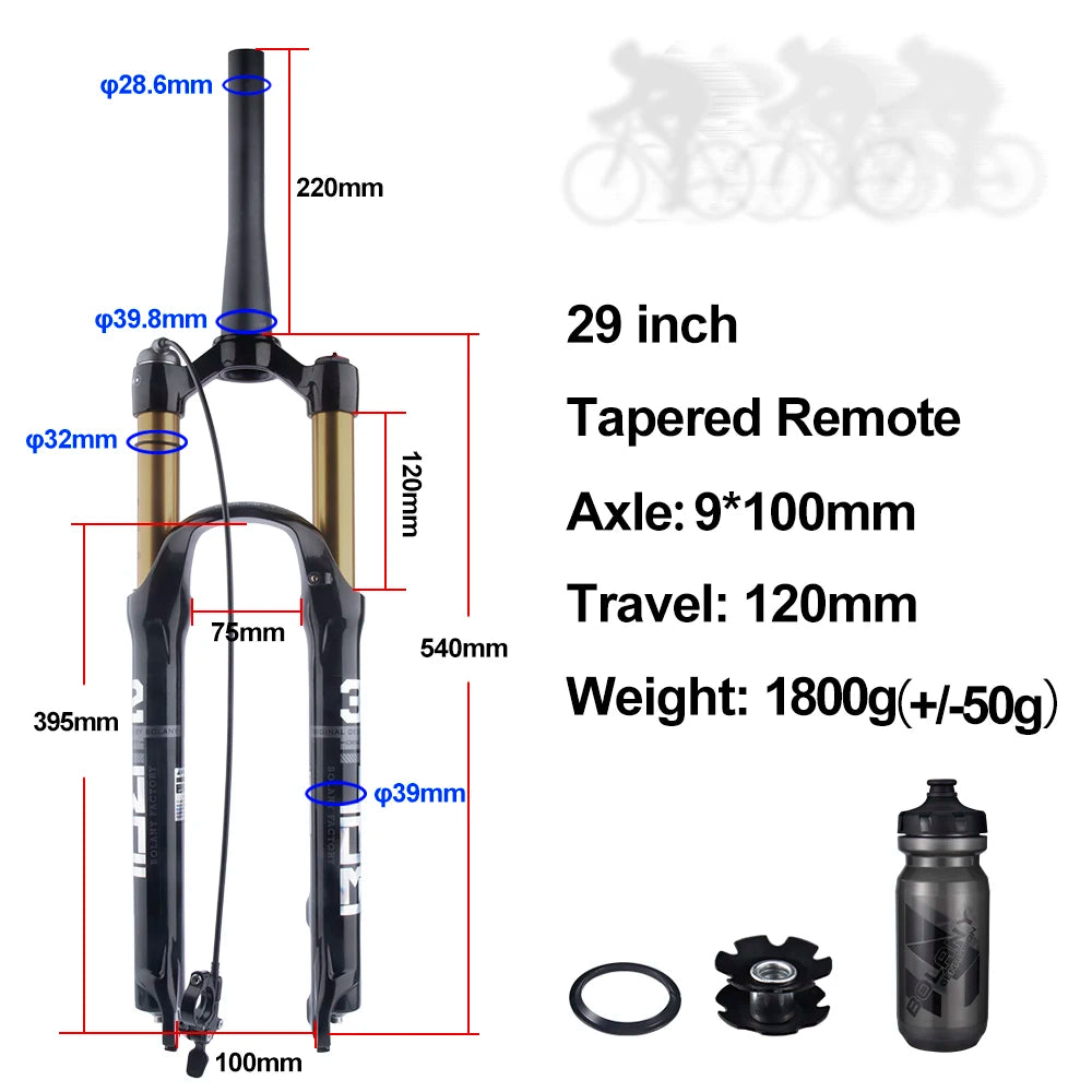 Mountain Bike Air Suspension Fork 26/27.5/29 Inch 100mm Travel (120mm Exposed) Air & Oil Damping Remote Lockout 9mm Axle 32mm Stanchions Disc Brake