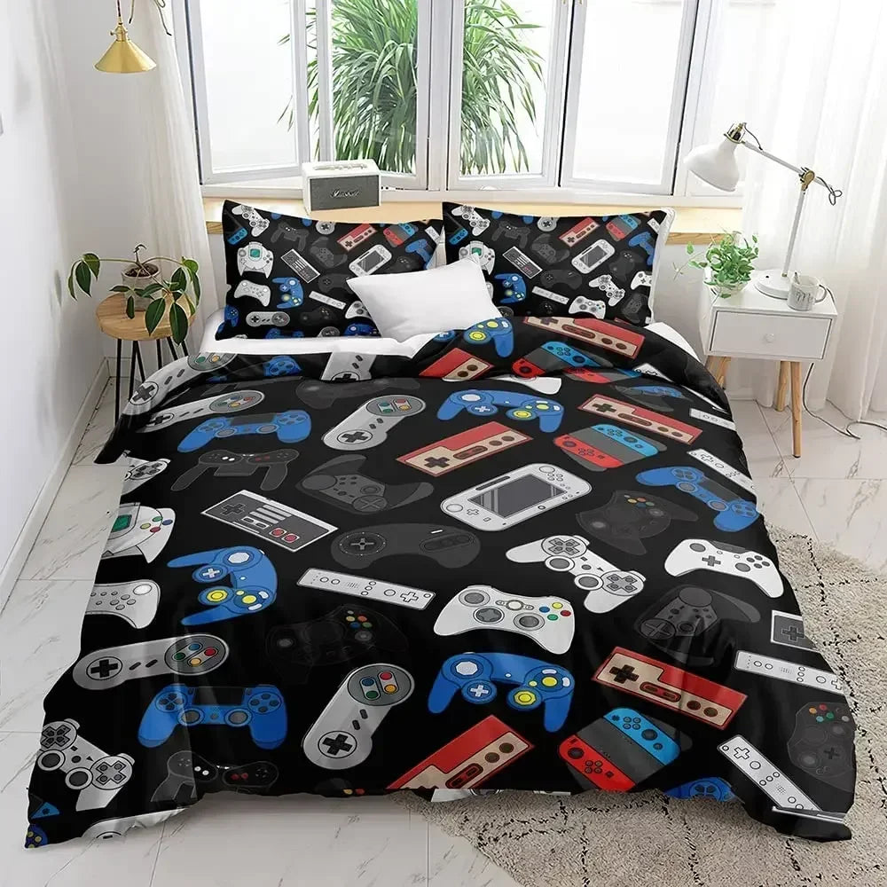 Gamer Bedding Set 3-Piece Duvet Cover & 2 Pillowcases – Video Game Controller Design for Kids & Teens