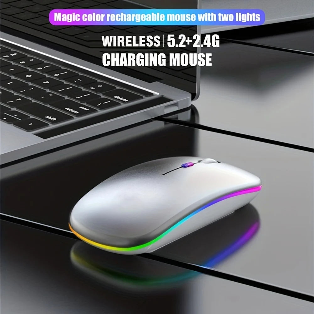 Rechargeable Bluetooth & 2.4GHz Wireless Mouse — Silent Click, RGB, Ergonomic, USB-C Charging for PC Mac iPad Laptop Phone TV