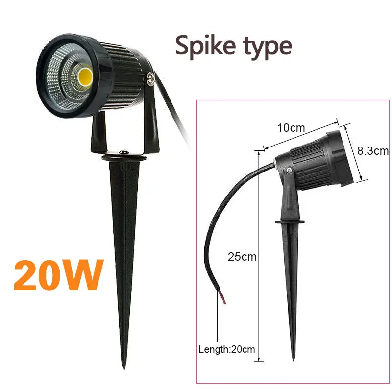 LED COB Spike Garden Path Light - 5W–20W Waterproof Outdoor Lawn Spotlight, AC85–265V / DC12–24V