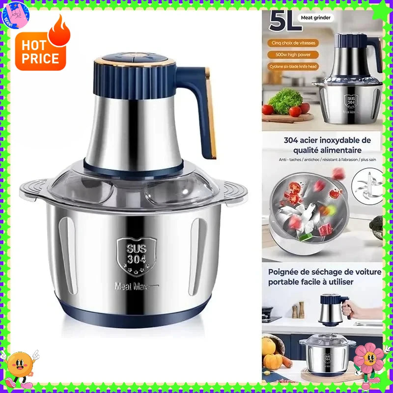5L (1.3 gal) Stainless Steel Electric Meat Grinder - Multifunctional Food Processor with Slicer, Chopper & Blender