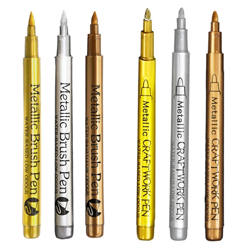 6-Pack Brush Tip Metallic Paint Markers – Metallic Gold & Silver Permanent Paint Pens for Manga, Crafts & Scrapbooking