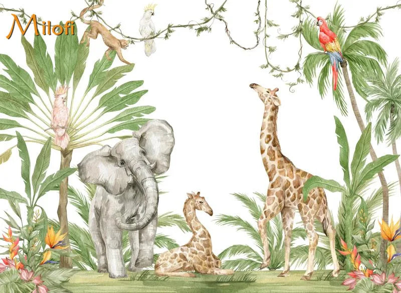 Custom Watercolor Jungle Animal Peel-and-Stick Wall Mural - Giraffe Elephant Zebra Nursery & Kids Wallpaper