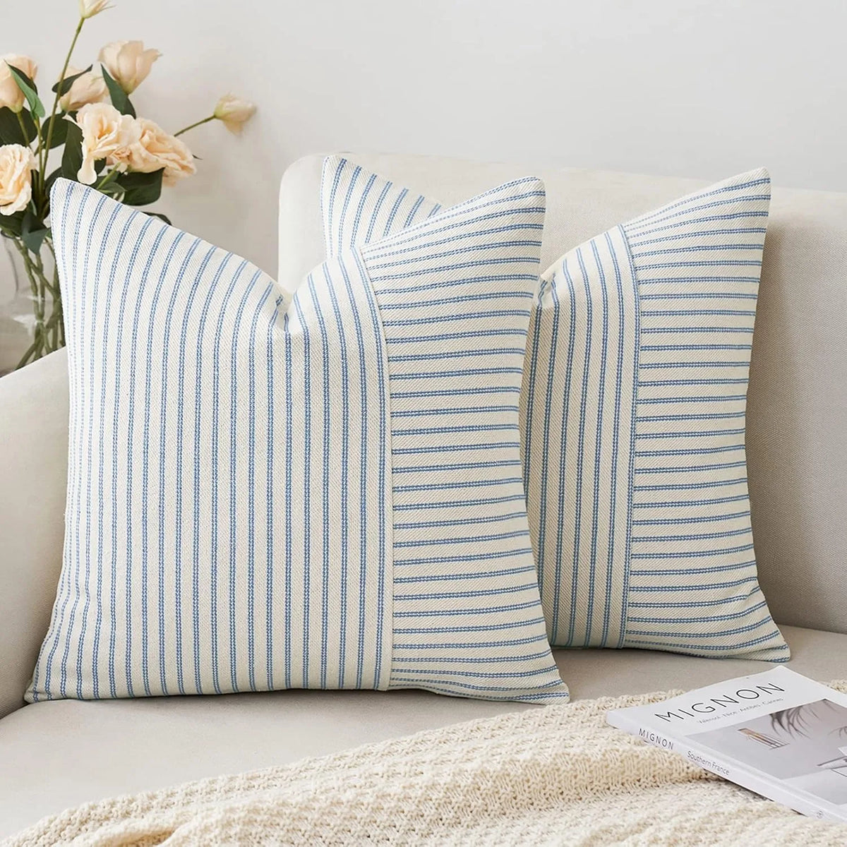 Khaki Patchwork Striped Linen Throw Pillow Cover 18 x 18 in (45 x 45 cm) Decorative Accent Cushion Case for Sofa Couch Bedroom