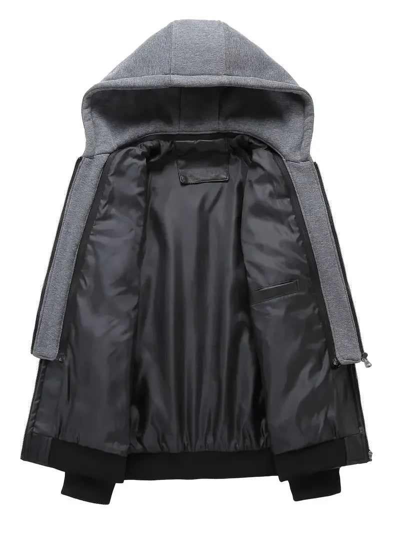 Men's Slim Fit PU Motorcycle Leather Jacket - Windproof Biker Coat with Detachable Hood & Zipper
