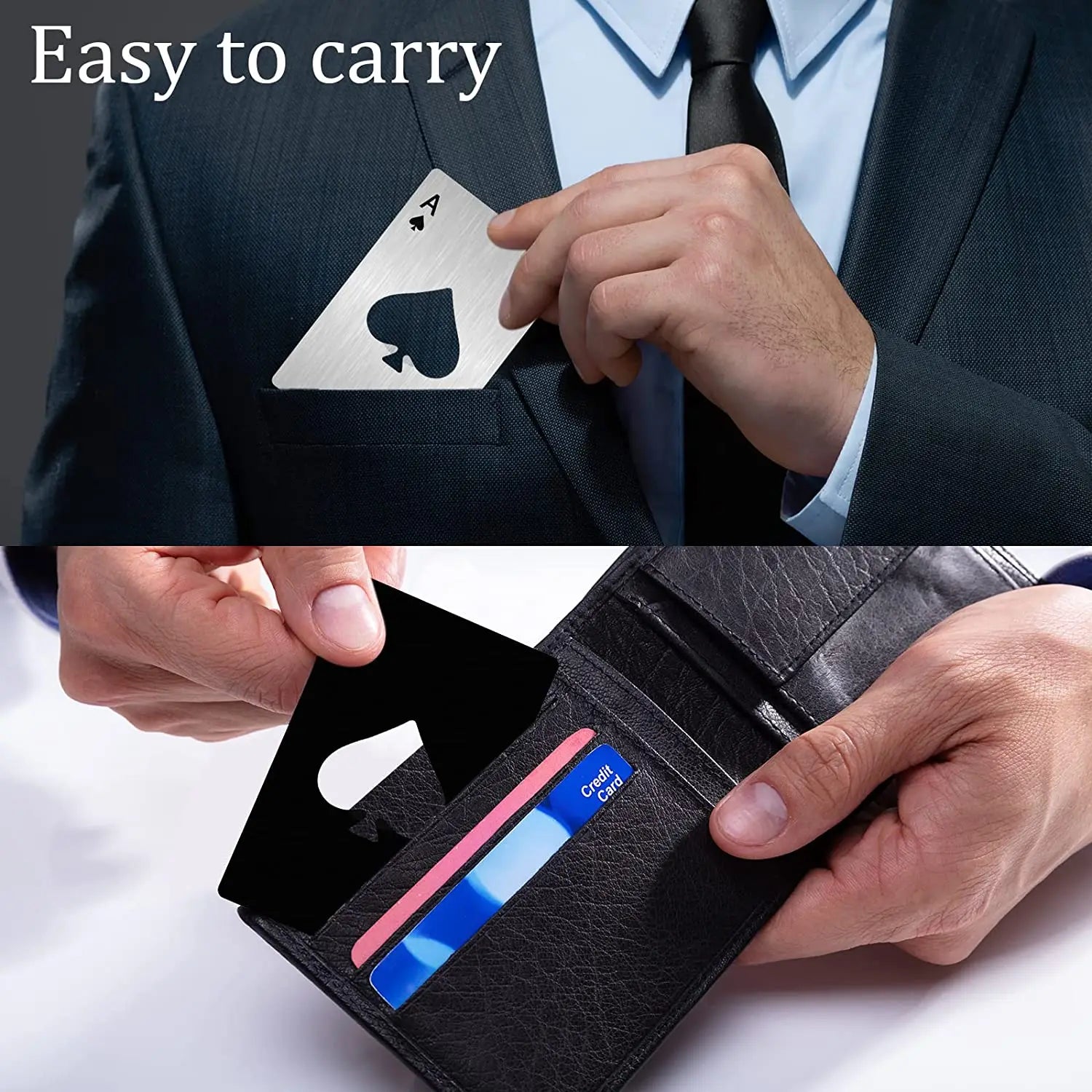 Poker-Shaped Credit Card Bottle Opener — Stainless Steel Wallet-Sized (85 x 54 mm / 3.35 x 2.13 in) Bar & Can Opener