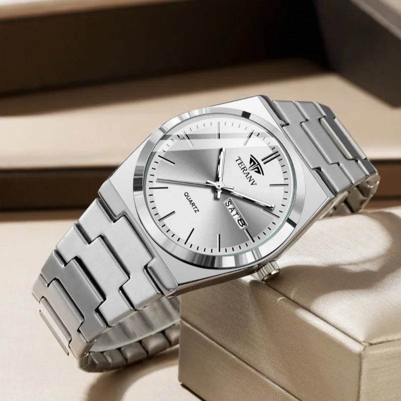 Men's Slim Stainless Steel Quartz Watch with Calendar - 40mm Minimal Dial, 3ATM (30m) Water Resistant