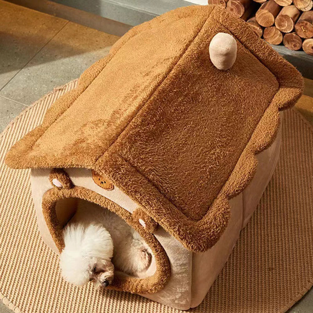 Teddy Bear Plush Enclosed Pet Bed – Cozy Cat & Small Dog Nest, Brown