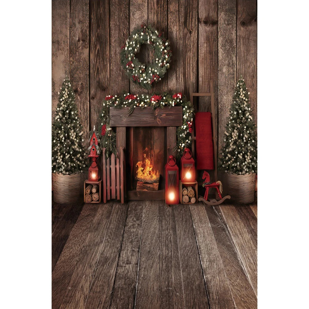 Christmas Photography Backdrop - Santa, Tree & Fireplace Winter Snow Wood Floor Portrait Background