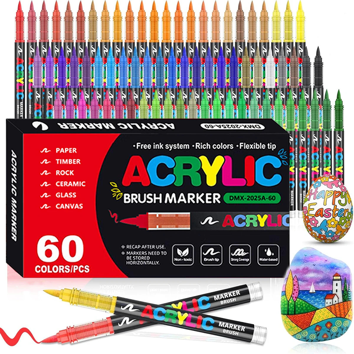 12/24/36/48/60-Color Acrylic Brush Paint Markers - Soft Brush Tip for Canvas, Stone & DIY Art