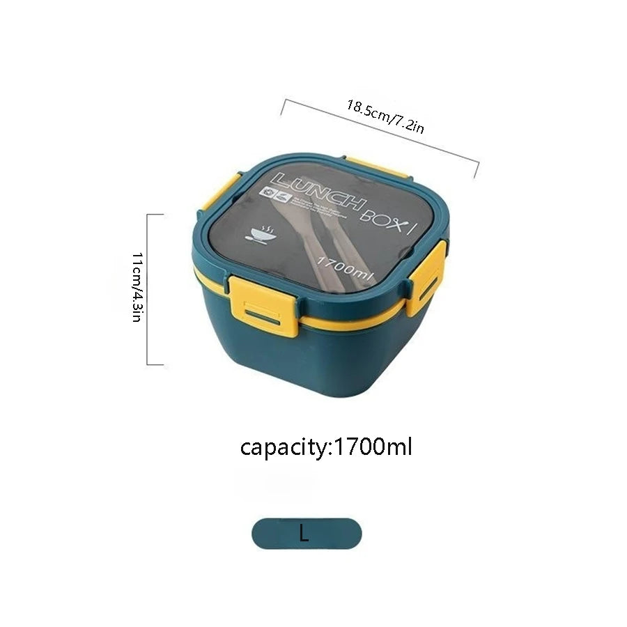 Double Stackable 50 oz (1.48 L) Lunch Box - 4-Compartment Salad Bowl with 3 oz (90 ml) Sauce Cup & Built-In Fork & Spoon