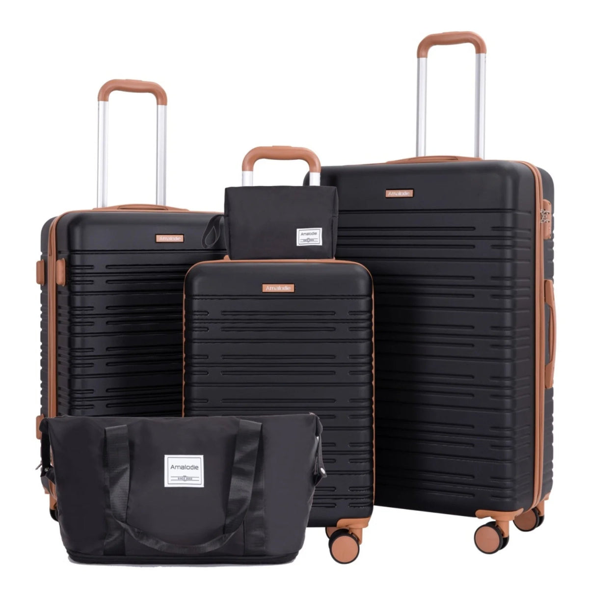 FanzyMarket 5-piece hardshell luggage set with 28, 24, 20-inch spinner suitcases, TSA lock, double wheels, duffle, and toiletry bag.