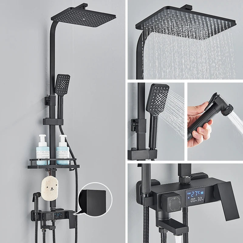 Black Thermostatic Shower Mixer with Digital Display, 4-Way Valve, 8-Inch (20 cm) Rainfall Head & Shelf