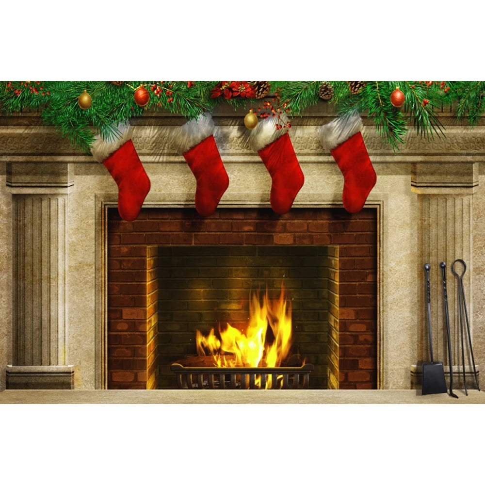 Christmas Fireplace Photography Backdrop - Burning Firewood Flame Brick Wall Photo Studio Background