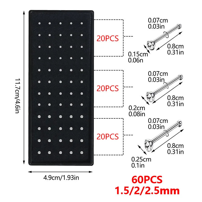 40/60-Piece Crystal 316L Stainless Steel Nose Piercing Kit - Straight L Studs & Helix Body Jewelry