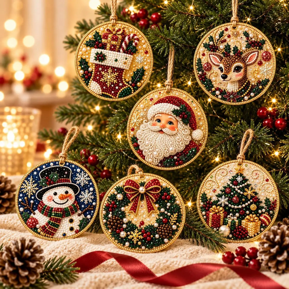 6-Pack DIY Pearl & Diamond Christmas Ornaments with Jute Twine, Hanging Holiday Decorations