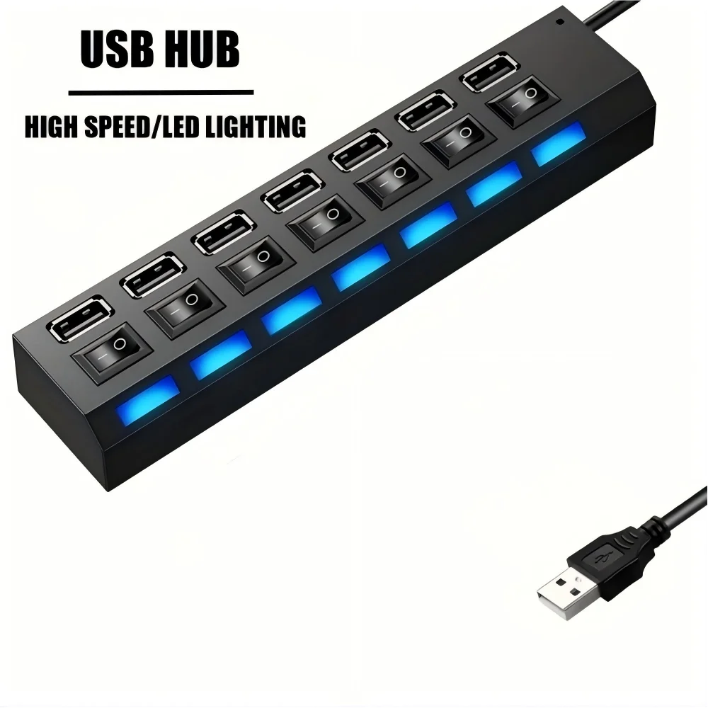 7-Port USB 2.0 Hub with Power Adapter, LED Indicators & On/Off Switch – 30 cm Cable, Portable USB Splitter for Laptop & PC