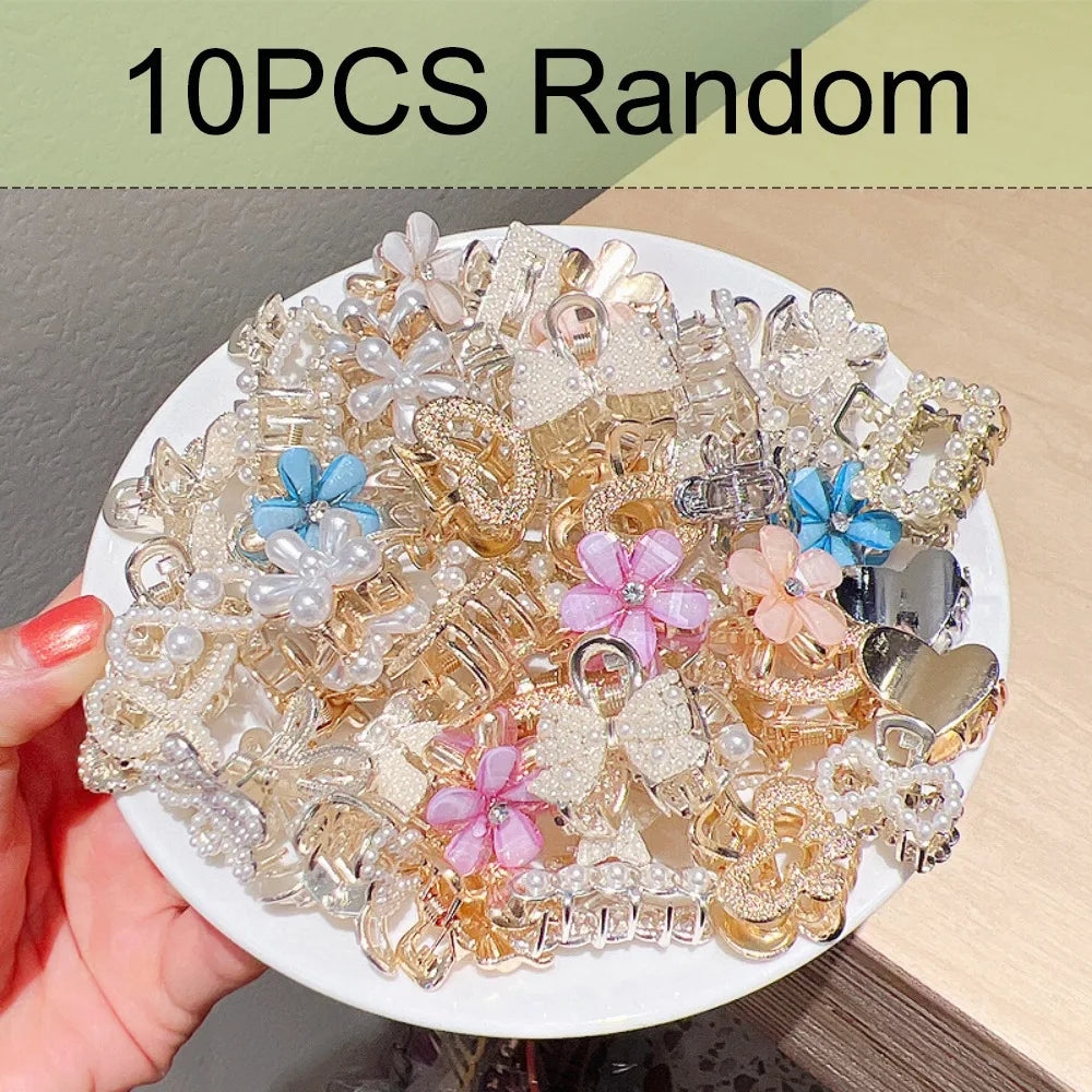 10/20 Pack Gold Mini Metal Hair Claw Clips with Rhinestones, Assorted Shapes Decorative Barrettes for Side Bangs & Thin Hair
