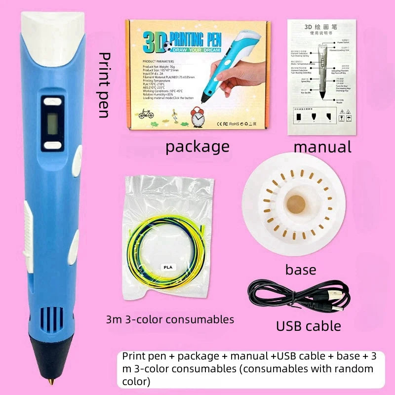 USB Rechargeable 3D Printing Pen with 9M (29.5 ft) PLA Filament — 0.7mm Nozzle, 180–220°C Adjustable Creative 3D Drawing Pen Gift