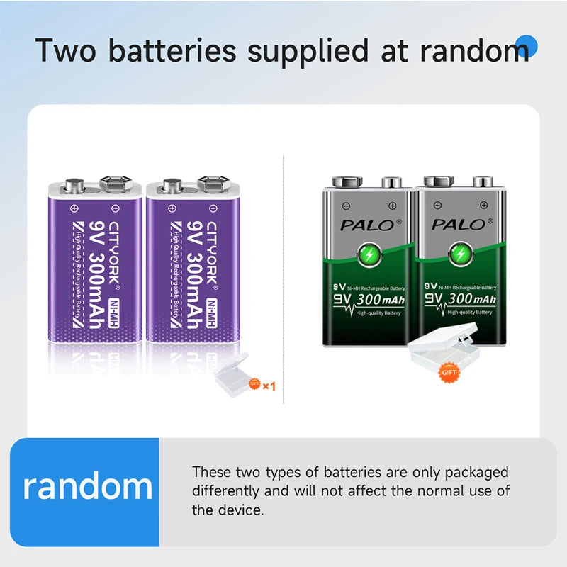 9V Ni-MH Rechargeable Battery 300mAh with Smart Charger — Low Self-Discharge Reusable 9 Volt Battery