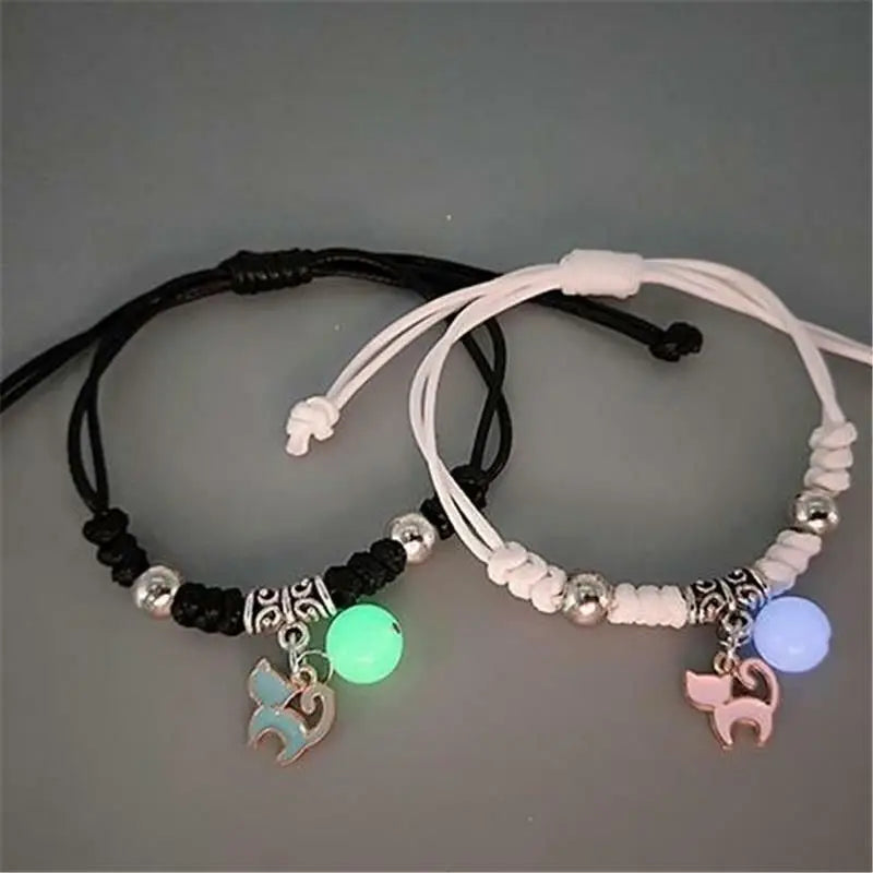 2-Piece Luminous Bead Couple Charm Bracelets - Star Moon Heart Cat Flower Matching Set (Unisex)