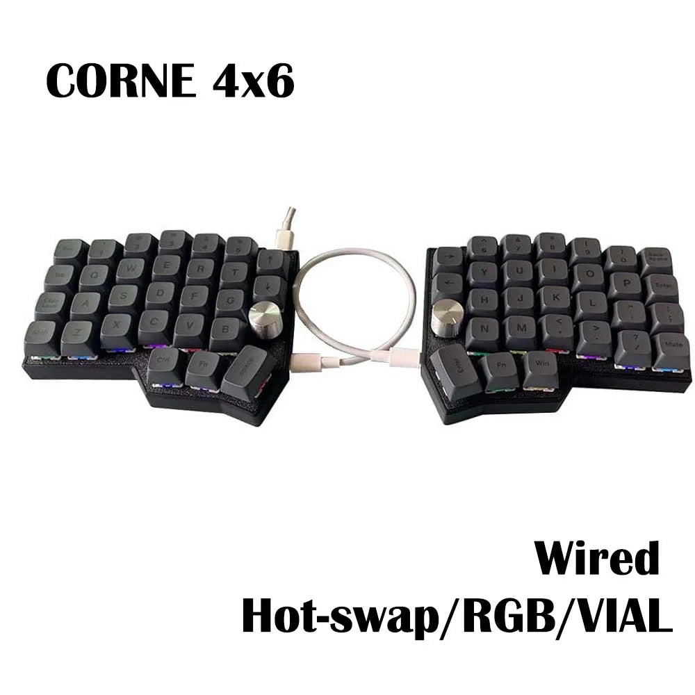 Corne 4x6 Split Ergonomic Mechanical Keyboard – 2 Knobs, Hot-Swappable MX-Style, Wired USB-C, South-Facing RGB, VIAL Programmable