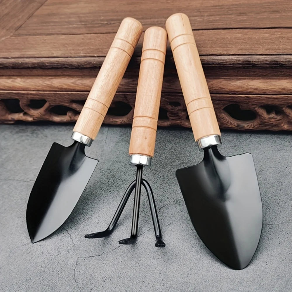 3-Piece Mini Garden Tool Set – Wooden Handle Trowel, Wide Shovel & 3-Tine Rake for Potting, Succulents & Balcony Plants