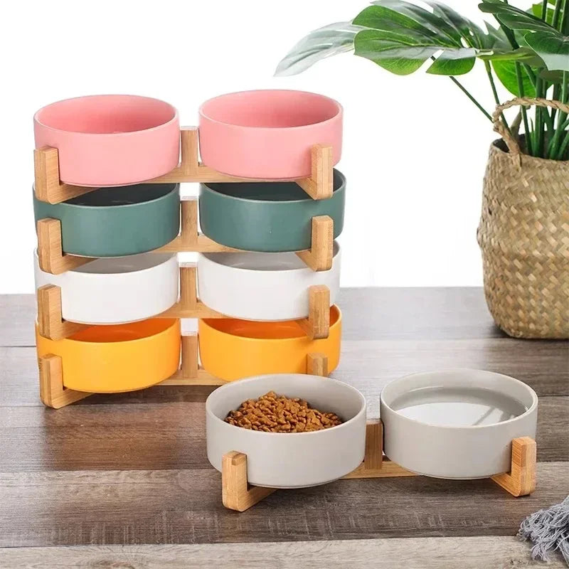 Elevated Ceramic Pet Bowl with Bamboo Wood Stand – 300ml (11cm/4.3 in) & 400ml (13cm/5.1 in) Dog & Cat Feeding Bowl