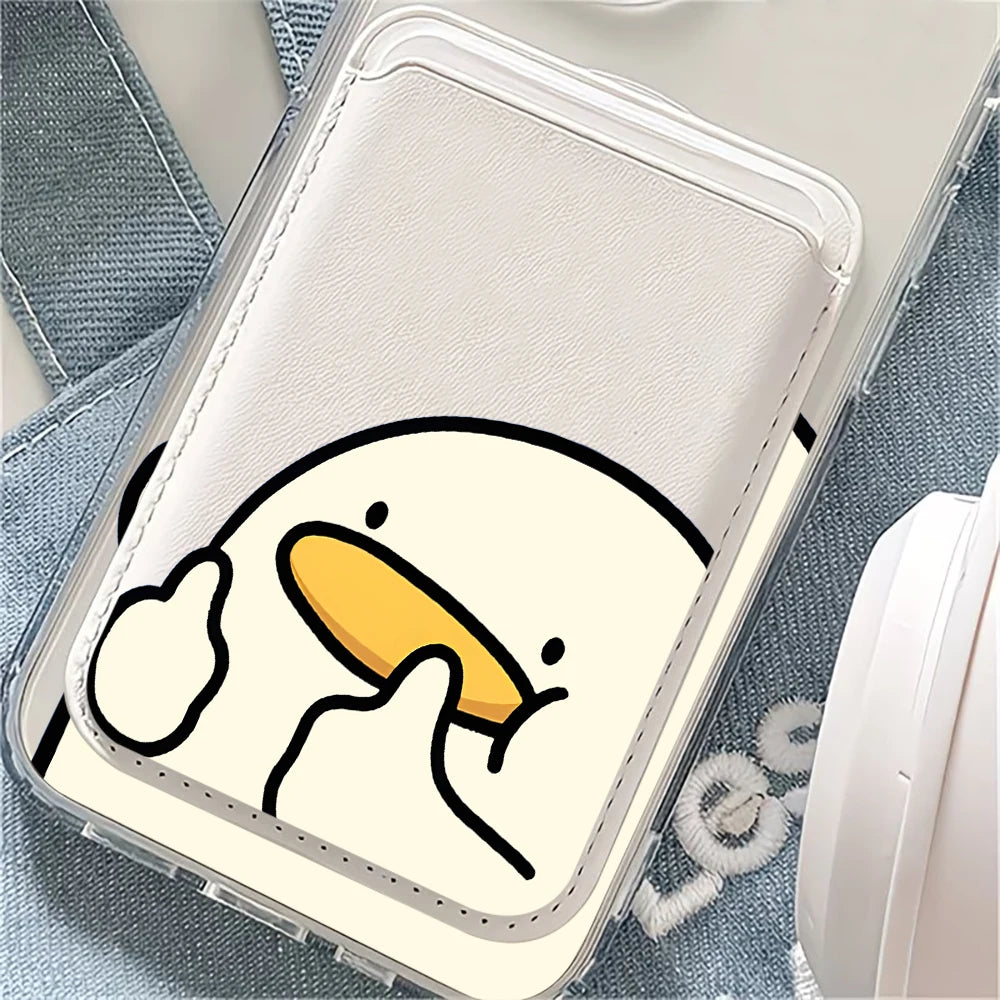 Cartoon Duck MagSafe-Compatible Clear Phone Case with Magnetic Leather Card Holder