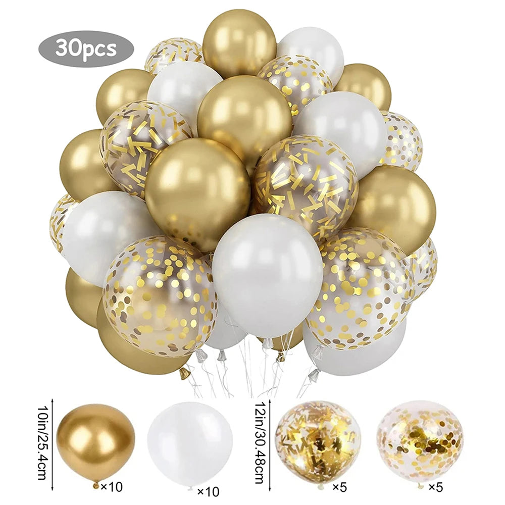 30-Pack 12-Inch (30 cm) Pearl White & Gold Confetti Balloons, Party Decorations for Birthday, Wedding & Anniversary