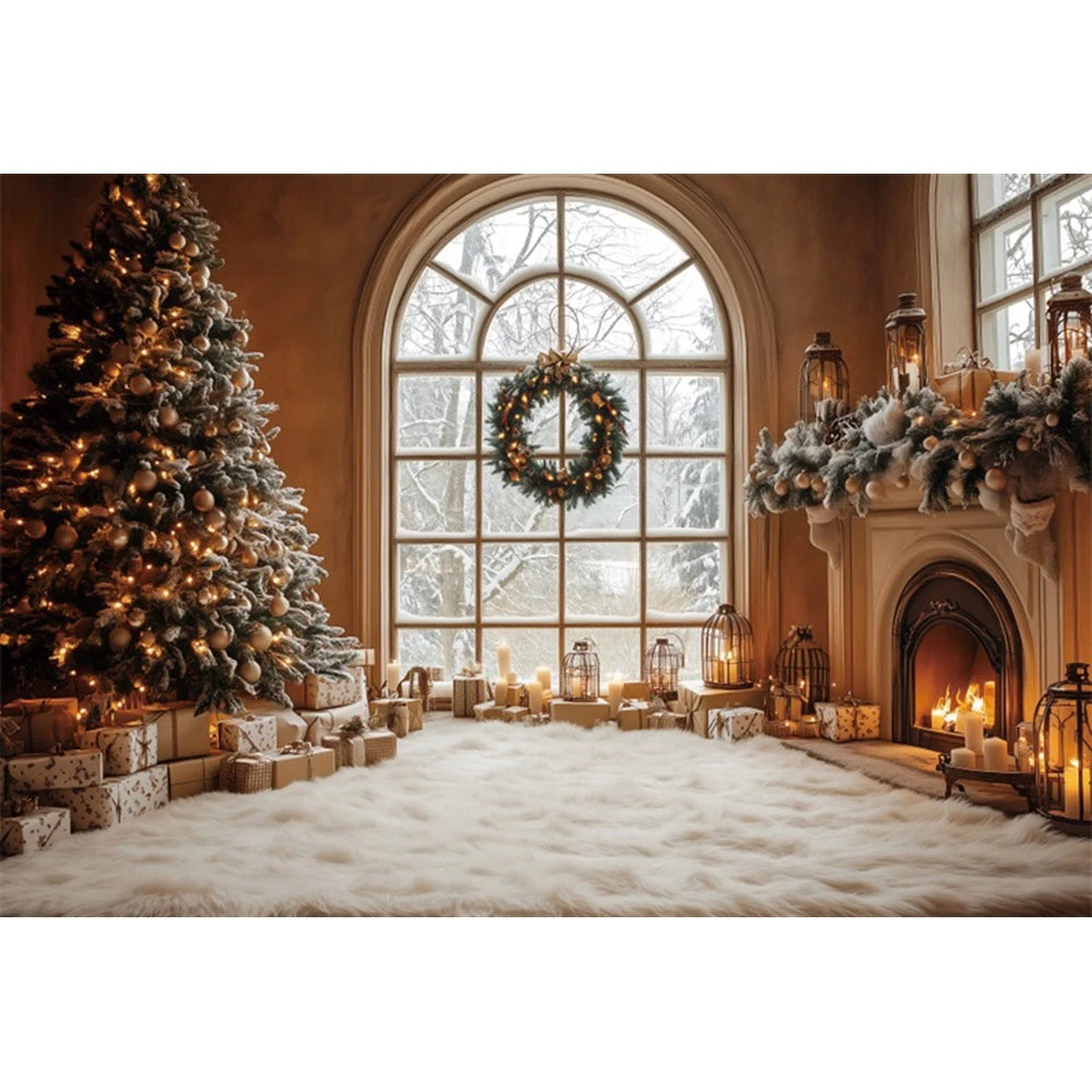 Christmas Fireplace Photography Backdrop — Gingerbread House & Wooden Window Holiday Photo Background for Kids & Family
