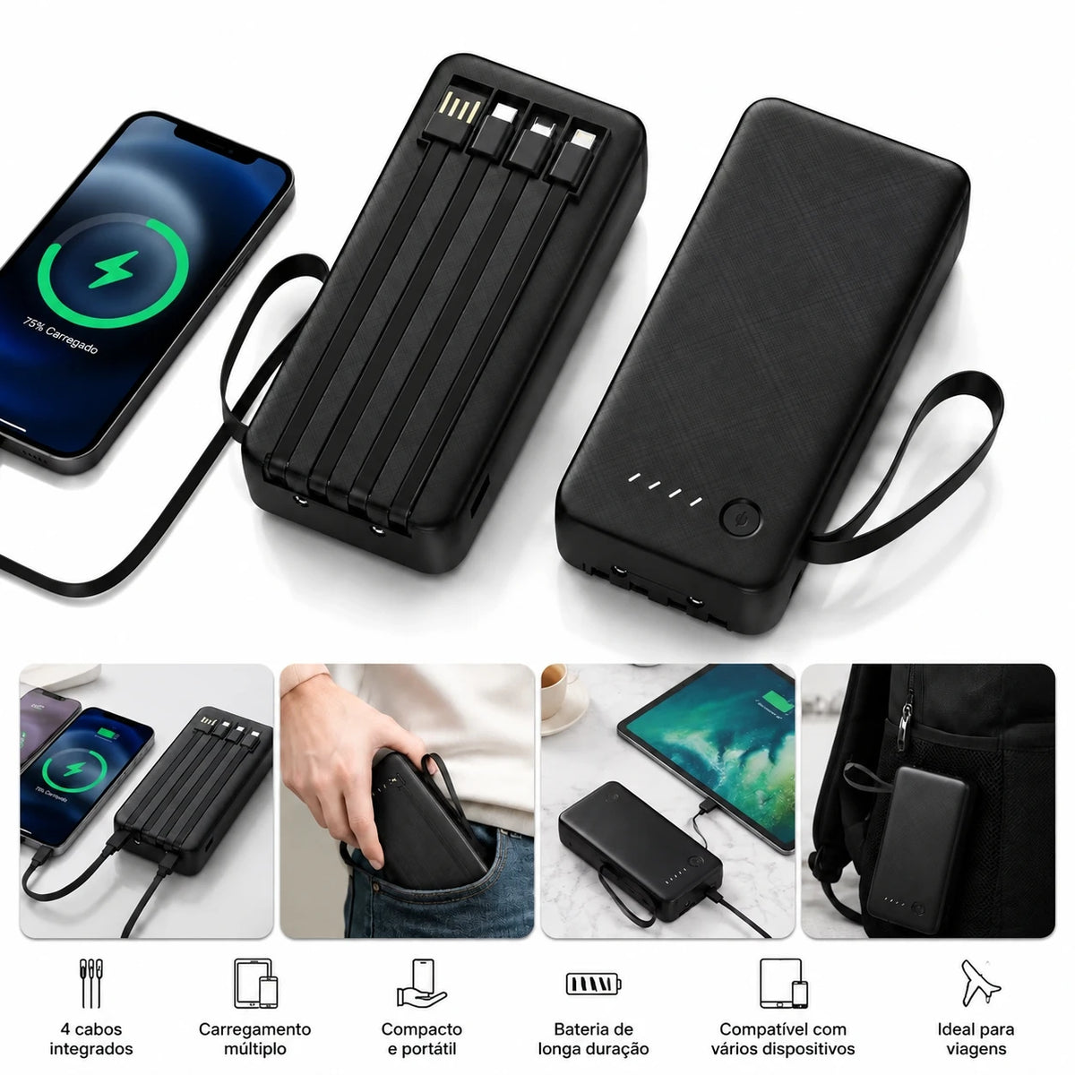 Portable Power Bank 12000/26000mAh – Fast Charger with 4 Cables (Type-C, Lightning, Micro USB, USB-A) for Phones and Travel