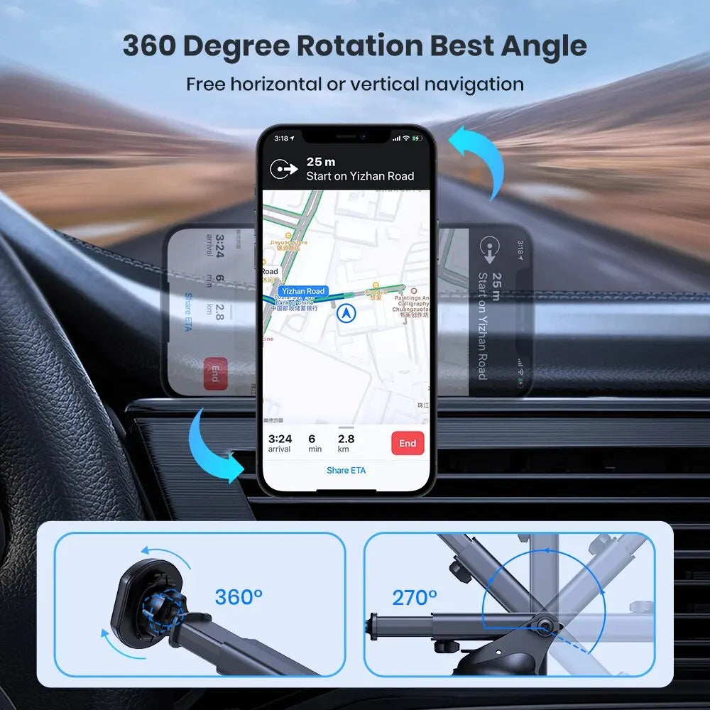 Universal Magnetic Car Phone Holder – Dashboard & Windshield Suction Mount, 360° Rotating Magnetic Mount with Cable Clips for 4.0–6.7 in (10–17 cm) Phones