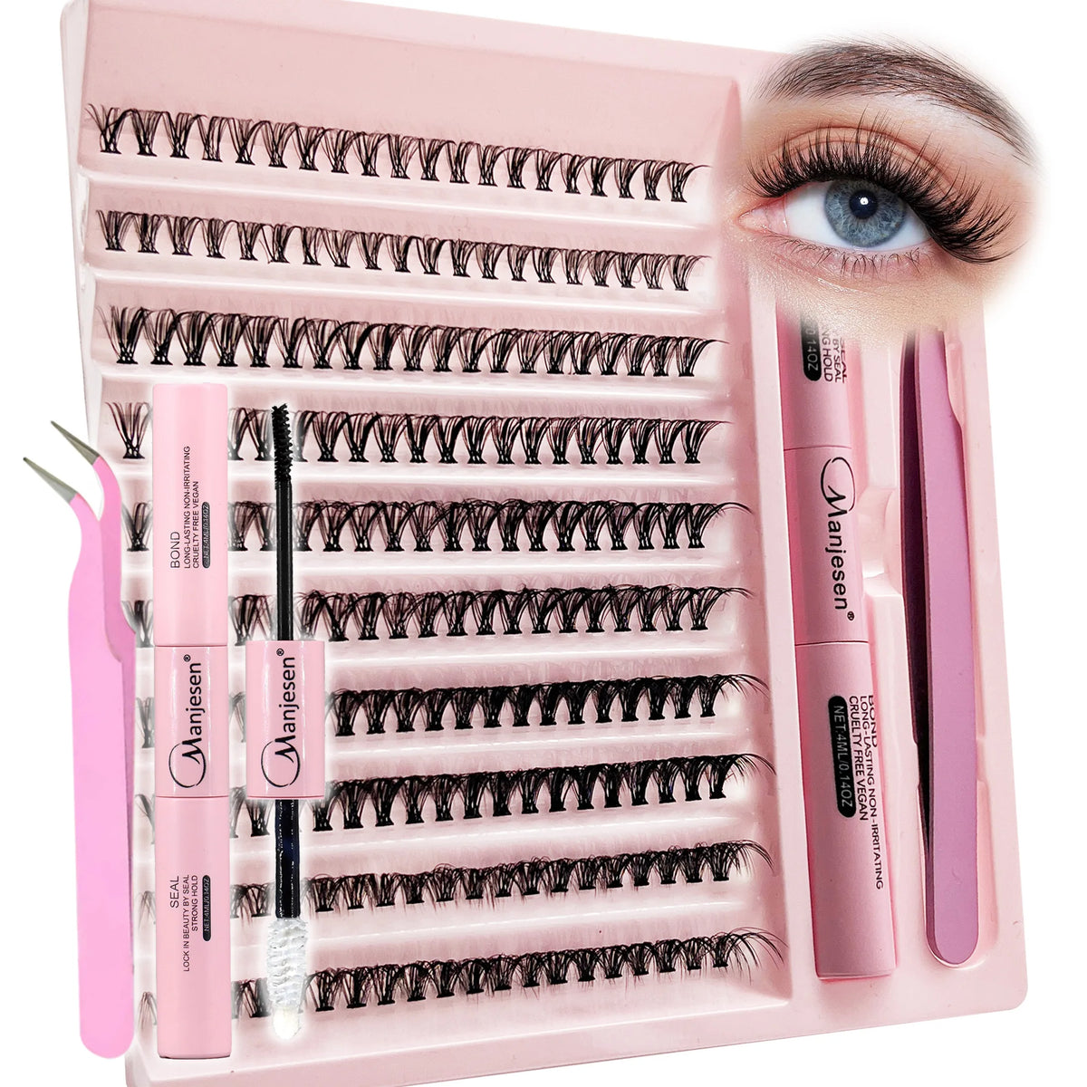 DIY Eyelash Extension Kit – Cluster Lashes with Dual-Ended Bond & Seal Glue, Tweezers and Makeup Accessories