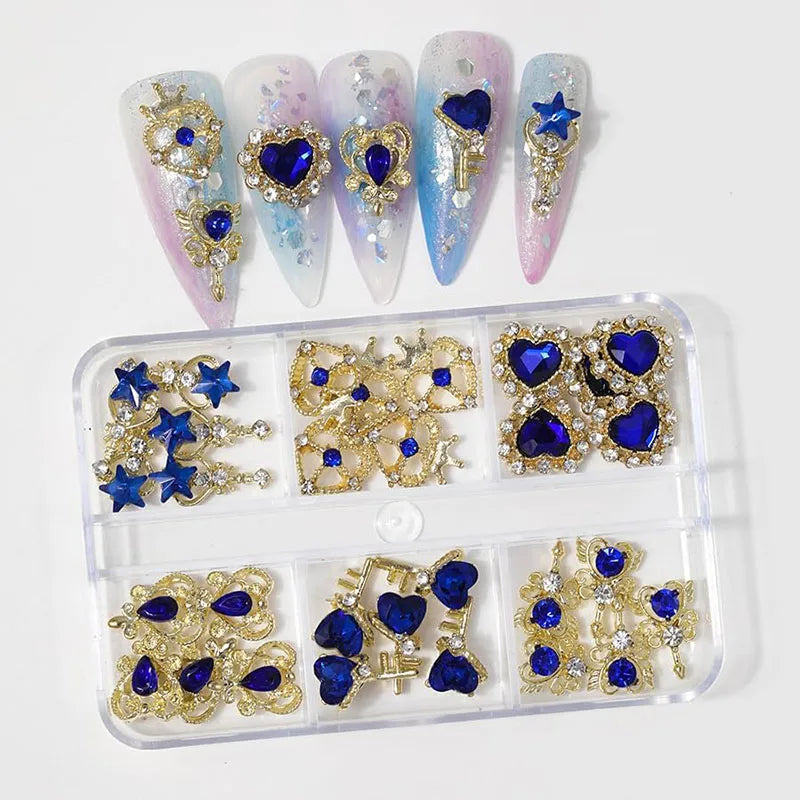 6-Grid Nail Rhinestone Kit – Saturn, Planet & Cross Crystal Nail Charms for Nail Art