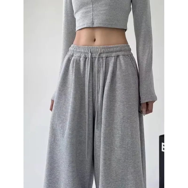 Harajuku Wide-Leg Sweatpants for Women – Oversized High-Waist Gray Drawstring Joggers