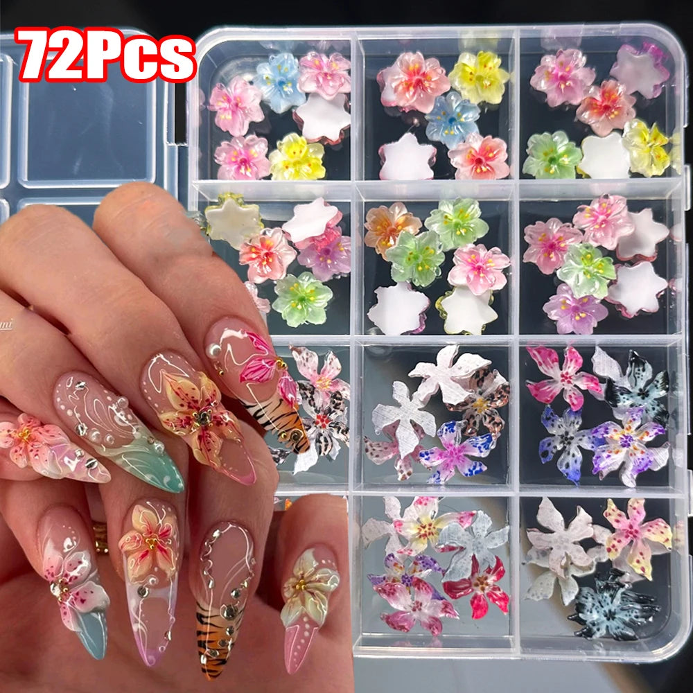 72-Piece 3D Crystal Jelly Nail Charms – Transparent Floral, Leopard & Hibiscus Nail Art Decorations
