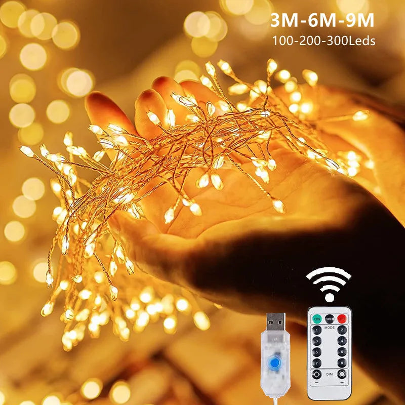 USB LED Firecracker Copper Wire String Lights, 8 Modes Fairy Lights for Outdoor Garden, Wedding & Christmas (3/6/9 m | 9.8/19.7/29.5 ft)