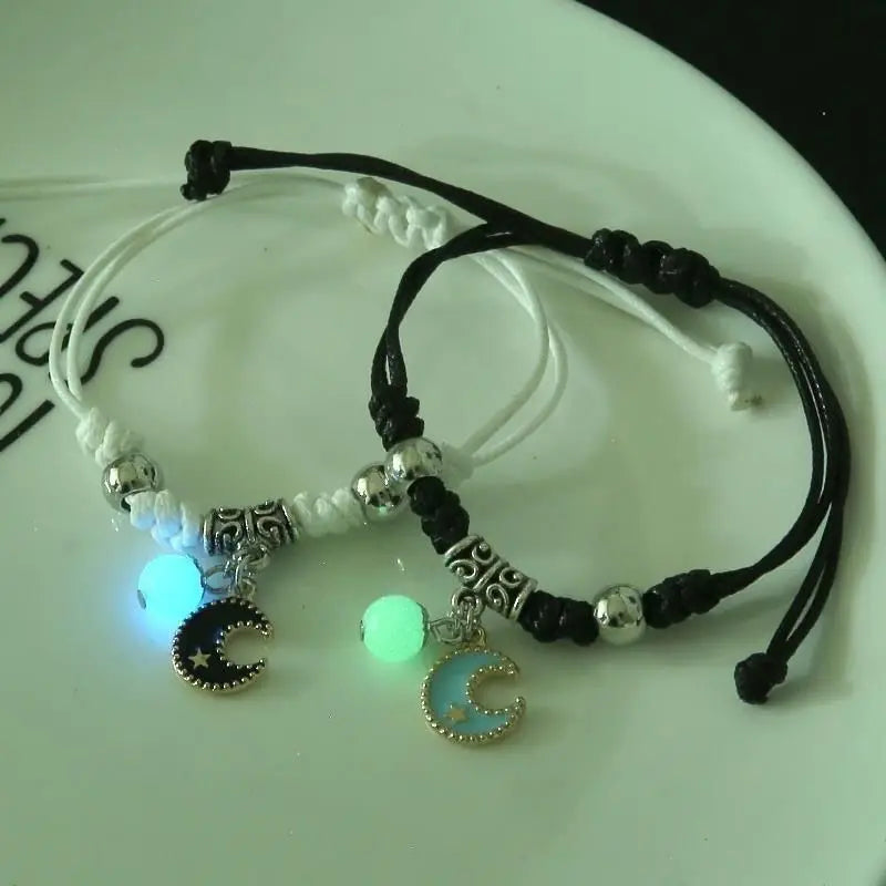 2-Piece Luminous Bead Couple Charm Bracelets - Star Moon Heart Cat Flower Matching Set (Unisex)