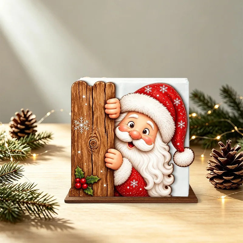 Santa Claus Wooden Napkin Holder - Holiday Tabletop Napkin & Tissue Holder, Christmas Dining Decor