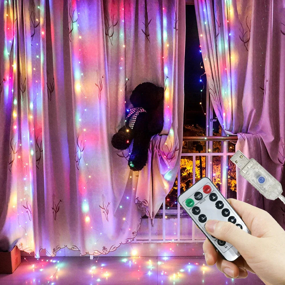 LED USB Curtain String Lights 8-Mode – Fairy Curtain Lights for Christmas & Wedding Party, 3m & 6m (Warm White / Multicolor) with Remote