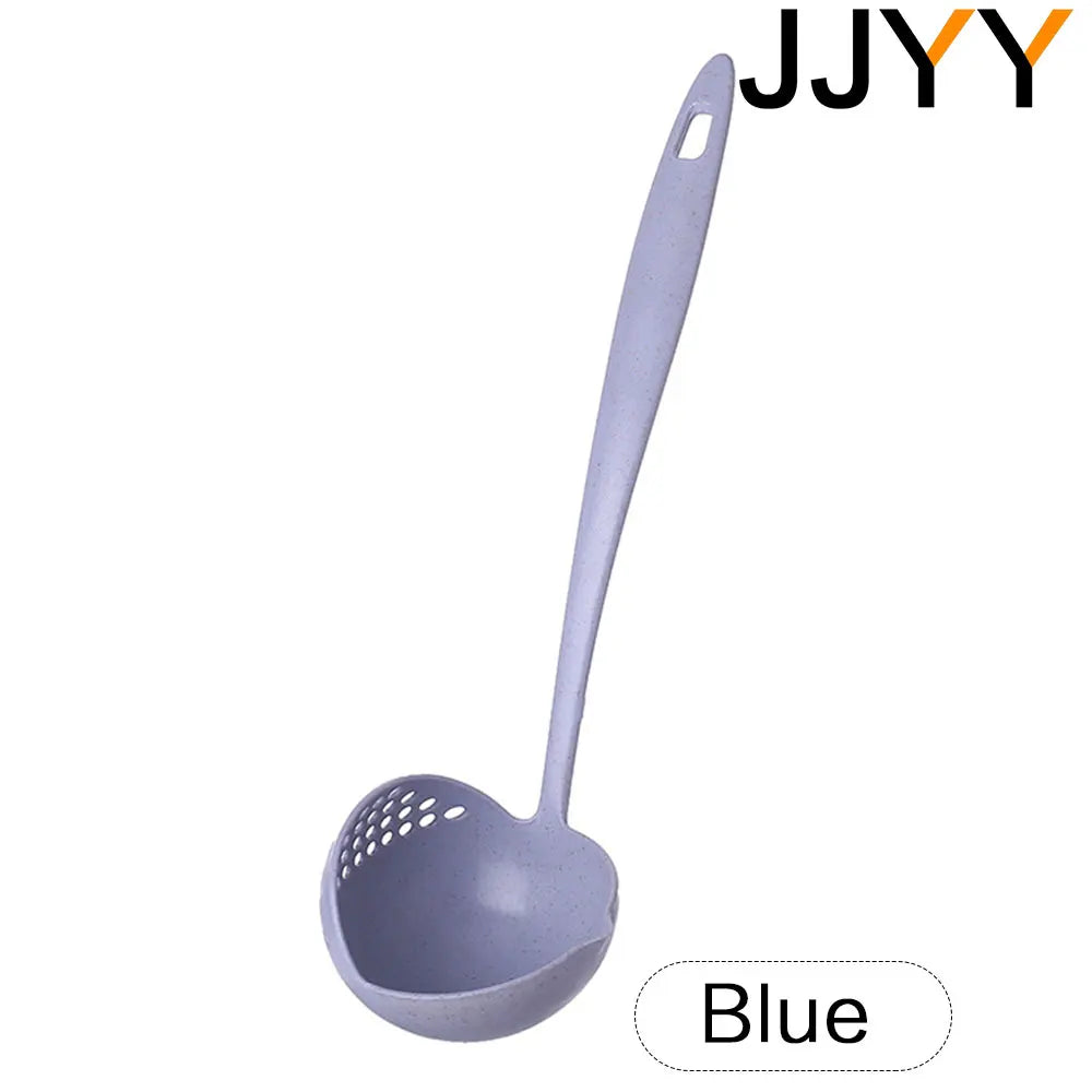 FanzyMarket 2-in-1 long handle slotted spoon strainer, plastic soup ladle for hot pot and kitchen use, with a long handle for easy serving
