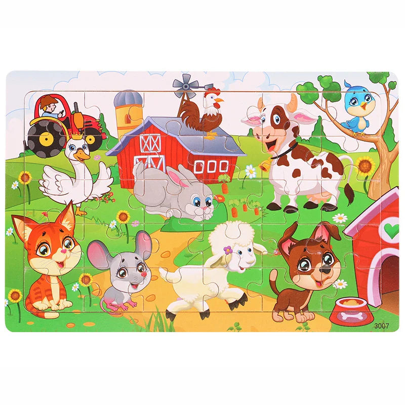 30-Piece Wooden Jigsaw Puzzle for Kids, Cartoon Animals & Vehicles, Early Learning Toy