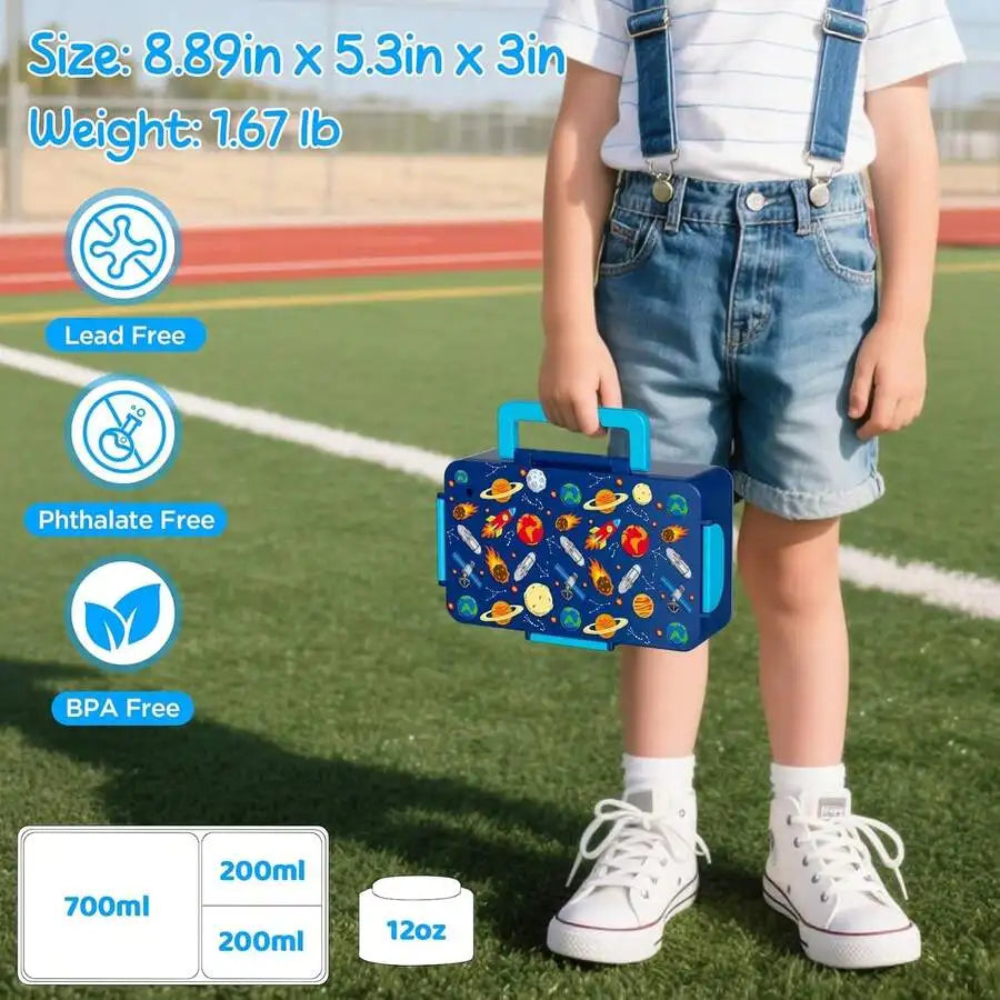 Kids Bento Lunch Box — 12 oz (355 ml) Stainless Steel Soup Thermos, 3-Compartment Leak-Proof Container with Built-In Ice Pack
