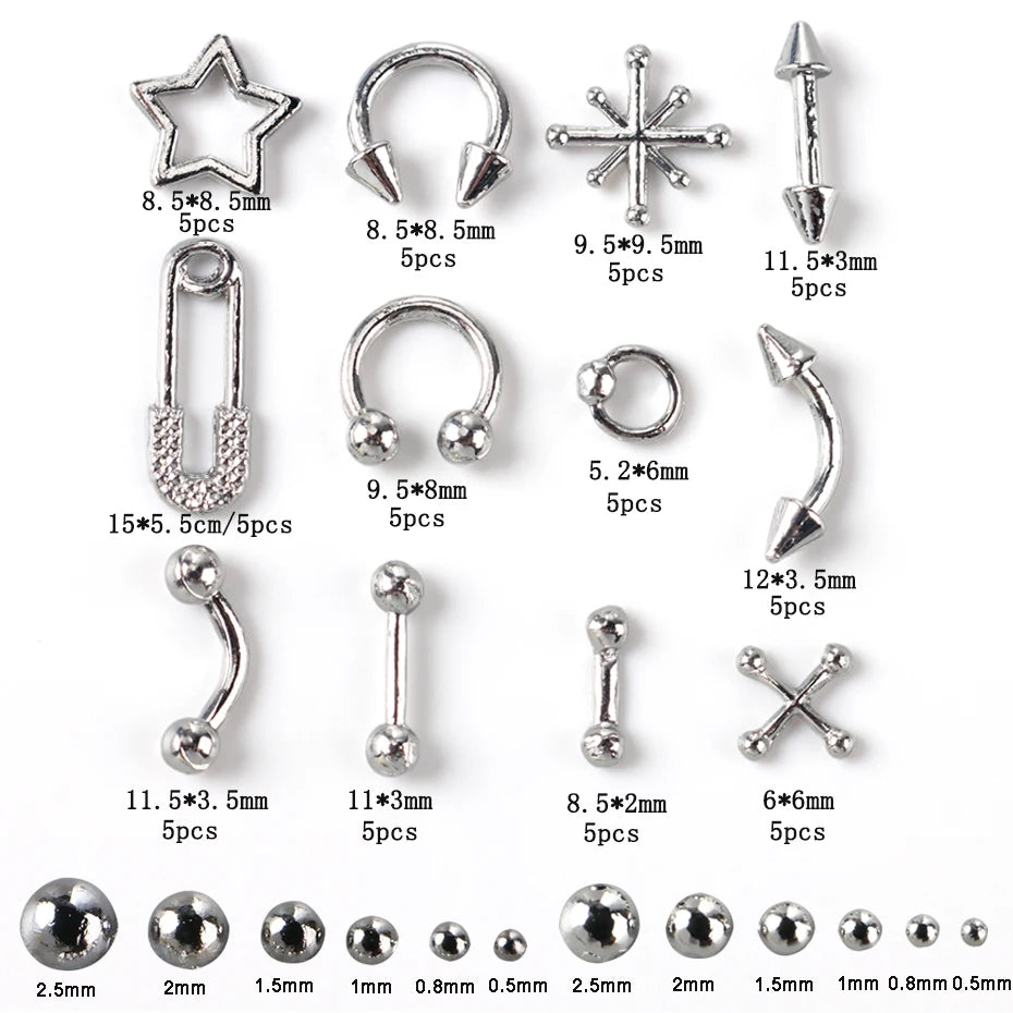12-Grid Silver Gothic Punk Nail Charms - Metal Rivet Studs for DIY Nail Art Y2K Grunge