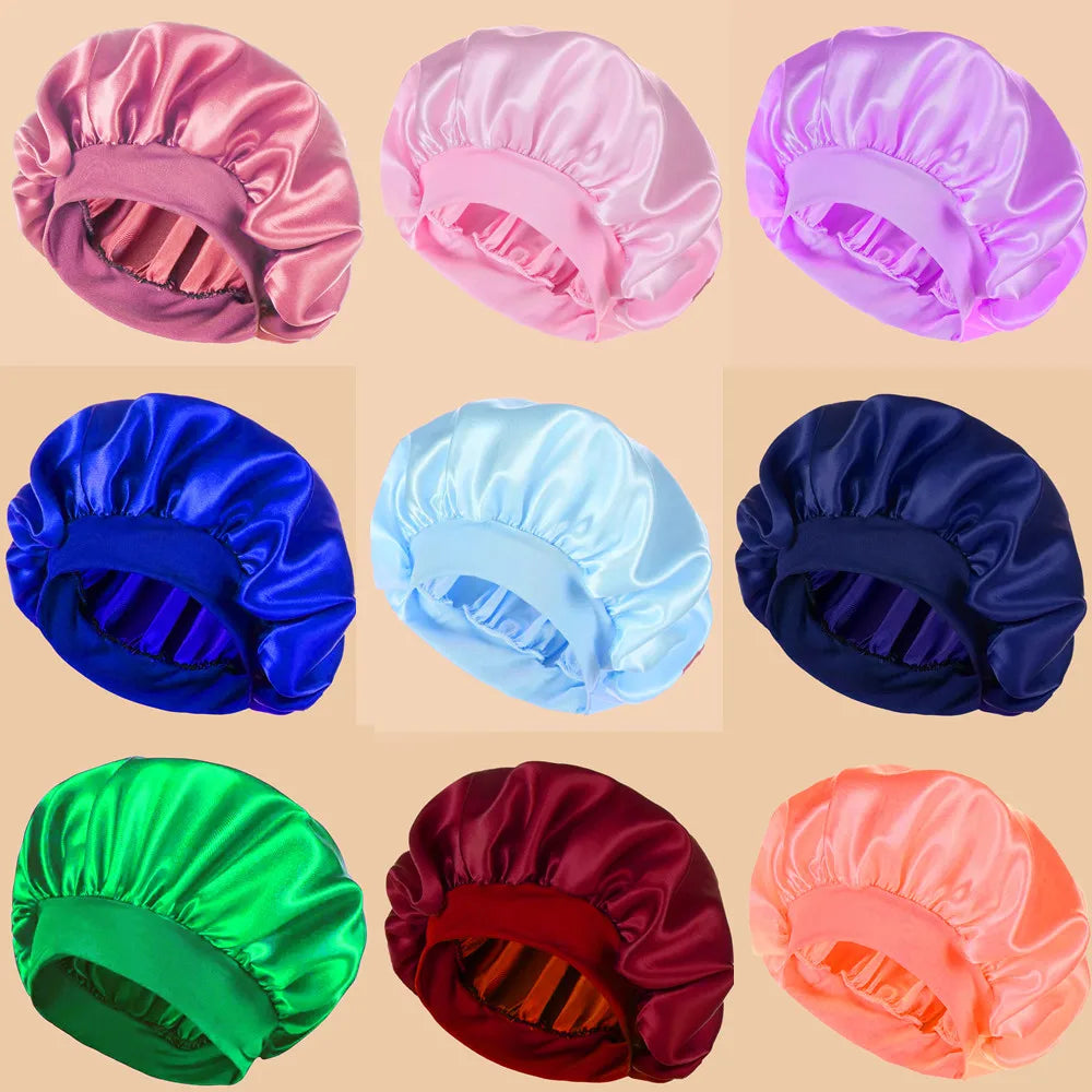 Satin Wide-Brim Shower Cap Sleep Bonnet - Single - 16 Colors