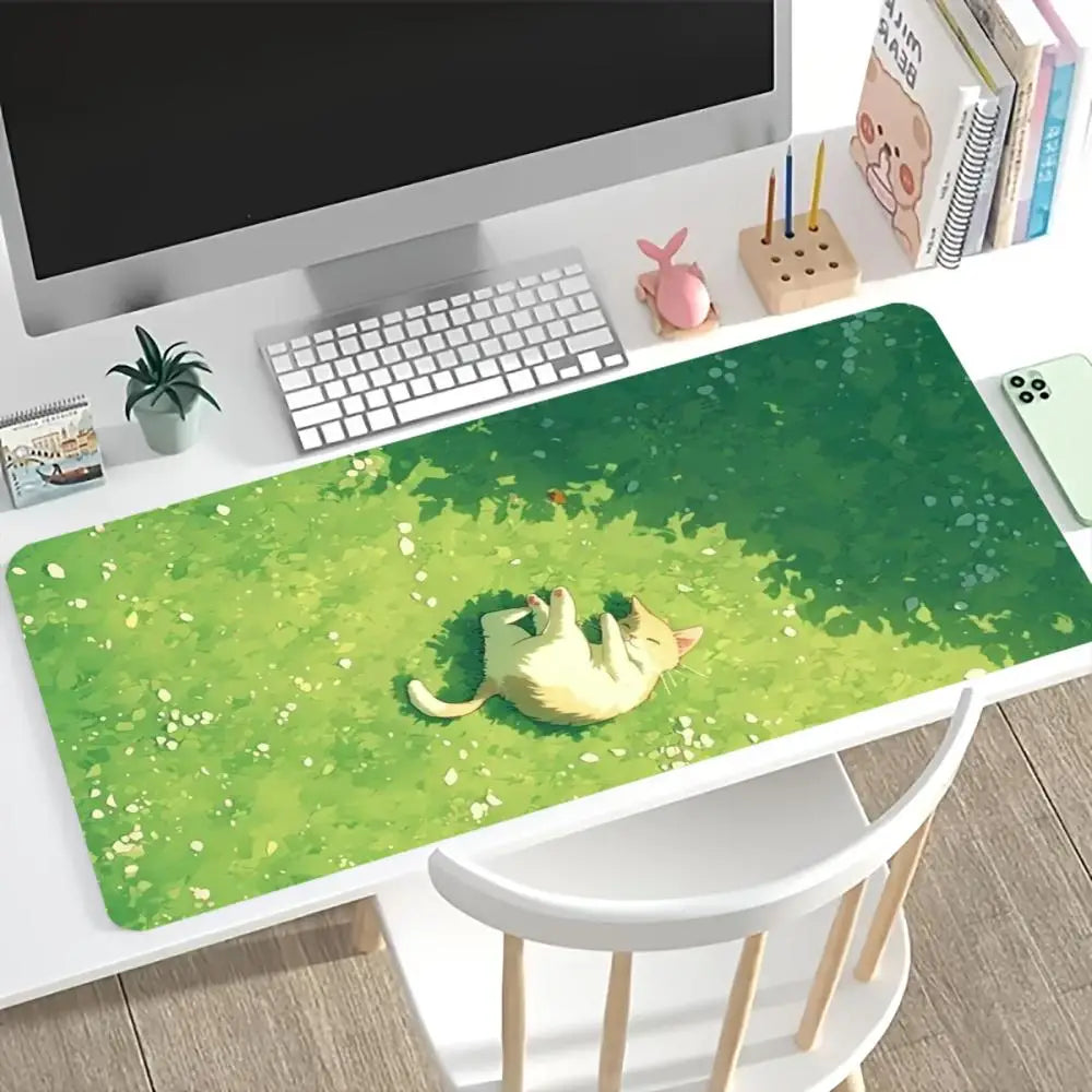 Cute Cat Floral XXL Extended Gaming Desk Mat - Non-Slip Rubber Base with Locking Edge Mouse Pad for Laptop, PC & Home Office